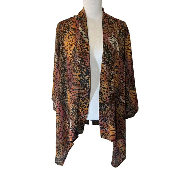 Slinky Brand Vintage Animal Print Sheer Open Cardigan Plus Size 1X Orange Brown - Picture 1 of 6